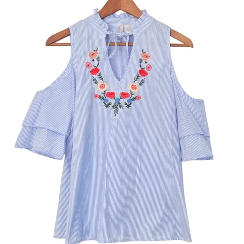 Light Blue White Striped Cold‑Shoulder Floral Embroidered Top Grandmillennial S